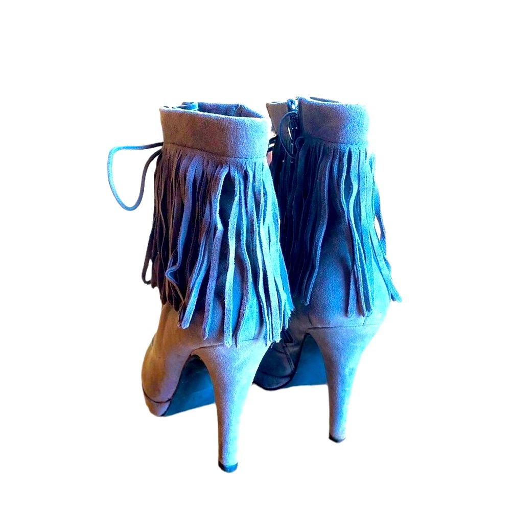 Dove Gray Suede Fringe Lace Up Ankle Stiletto Boots Trendy Western Cowgirl - Picture 2 of 5